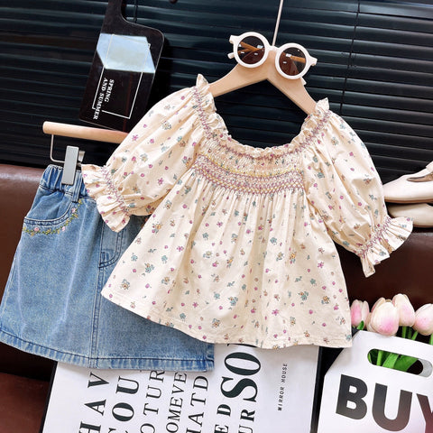 [363869] - One Set Floral Smock Baju Setelan Atasan Blouse Lengan Pendek Bawahan Rok Mini Denim Fashion Anak Perempuan