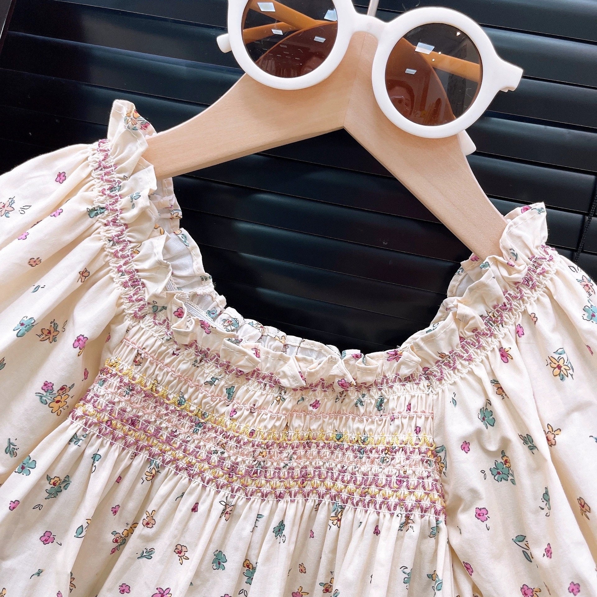 [363869] - One Set Floral Smock Baju Setelan Atasan Blouse Lengan Pendek Bawahan Rok Mini Denim Fashion Anak Perempuan