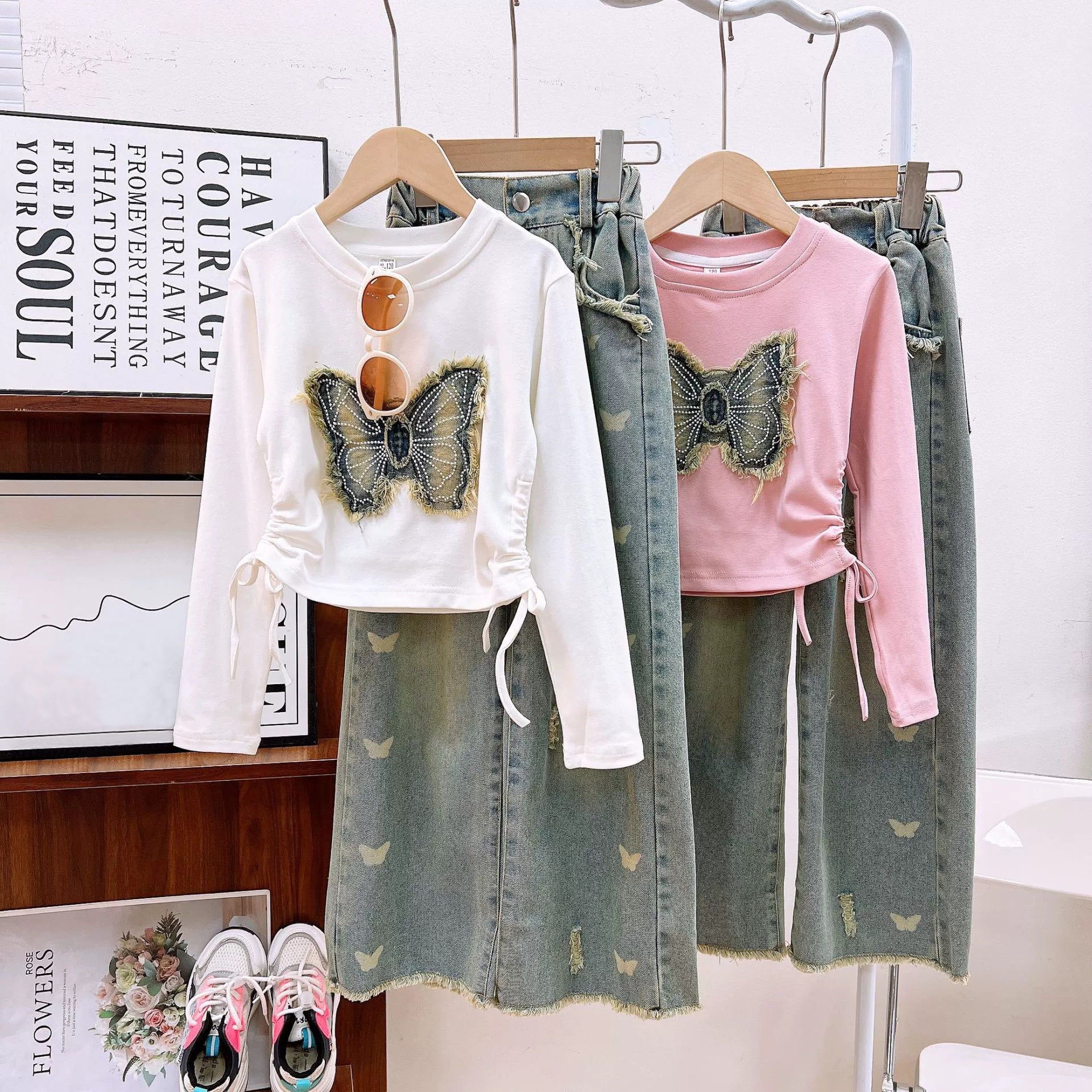 [363870] - One Set Anak Cewek 4-9 Tahun Setelan Baju Atasan Lengan Panjang Bawahan Celana Panjang kulot Denim Fashion Anak Perempuan - Motif Butterfly