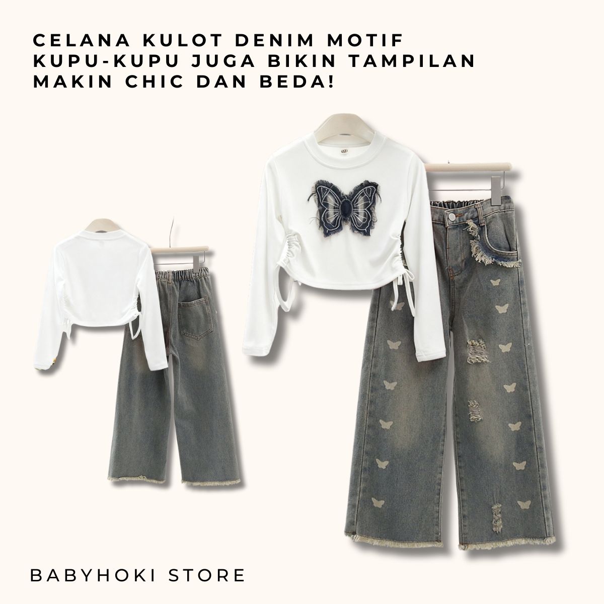 [363870] - One Set Anak Cewek 4-9 Tahun Setelan Baju Atasan Lengan Panjang Bawahan Celana Panjang kulot Denim Fashion Anak Perempuan - Motif Butterfly