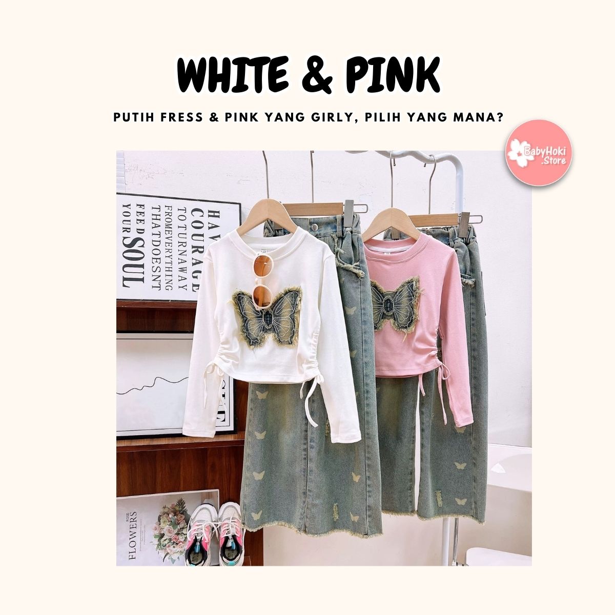[363870] - One Set Anak Cewek 4-9 Tahun Setelan Baju Atasan Lengan Panjang Bawahan Celana Panjang kulot Denim Fashion Anak Perempuan - Motif Butterfly
