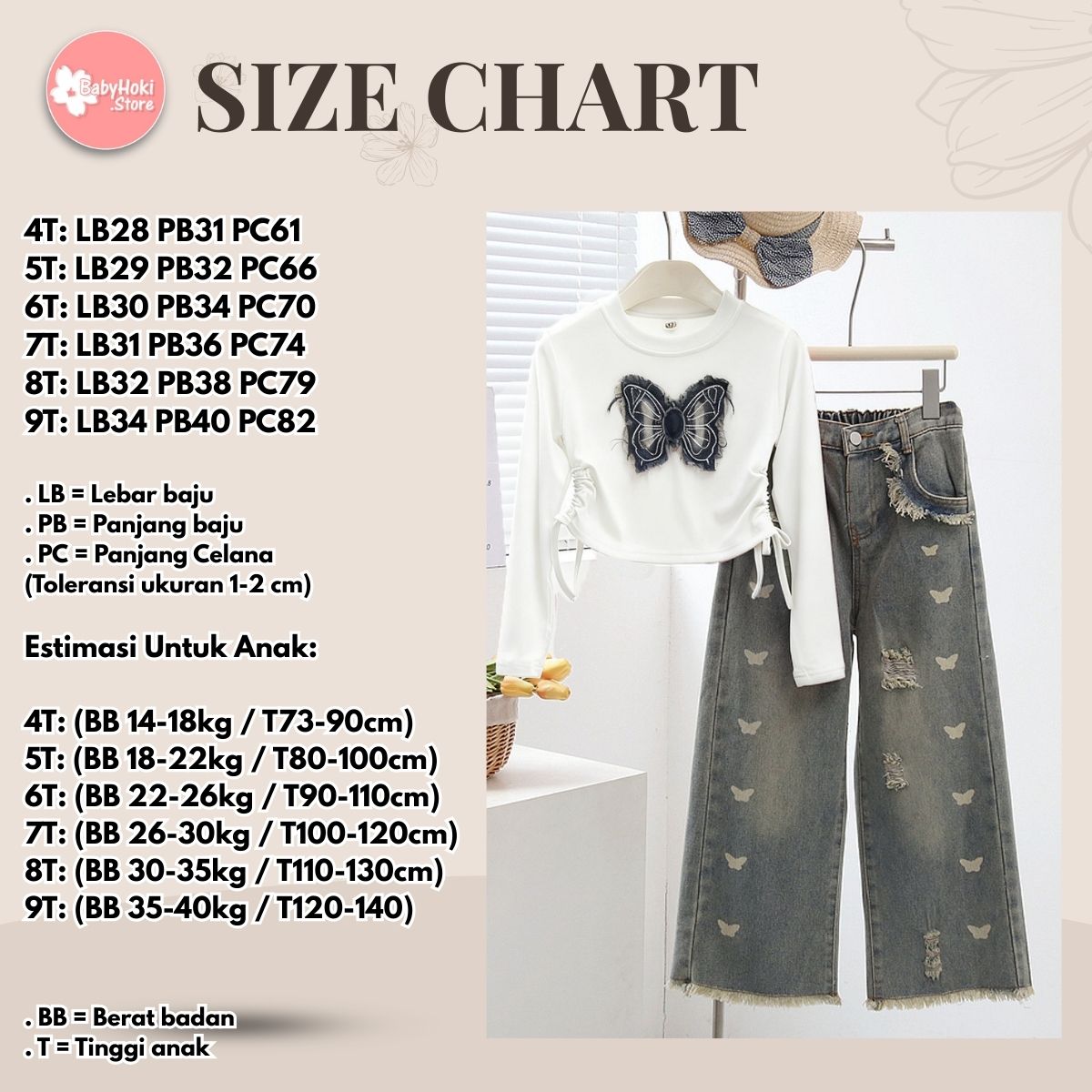 [363870] - One Set Anak Cewek 4-9 Tahun Setelan Baju Atasan Lengan Panjang Bawahan Celana Panjang kulot Denim Fashion Anak Perempuan - Motif Butterfly