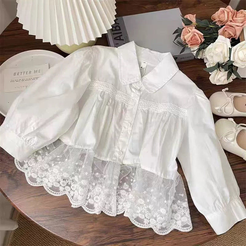 [363871] - Baju Setelan Atasan Blouse Lengan Panjang Brokat Putih Bawahan Celana jeans Panjang Kulot Fashion Anak Perempuan - Motif