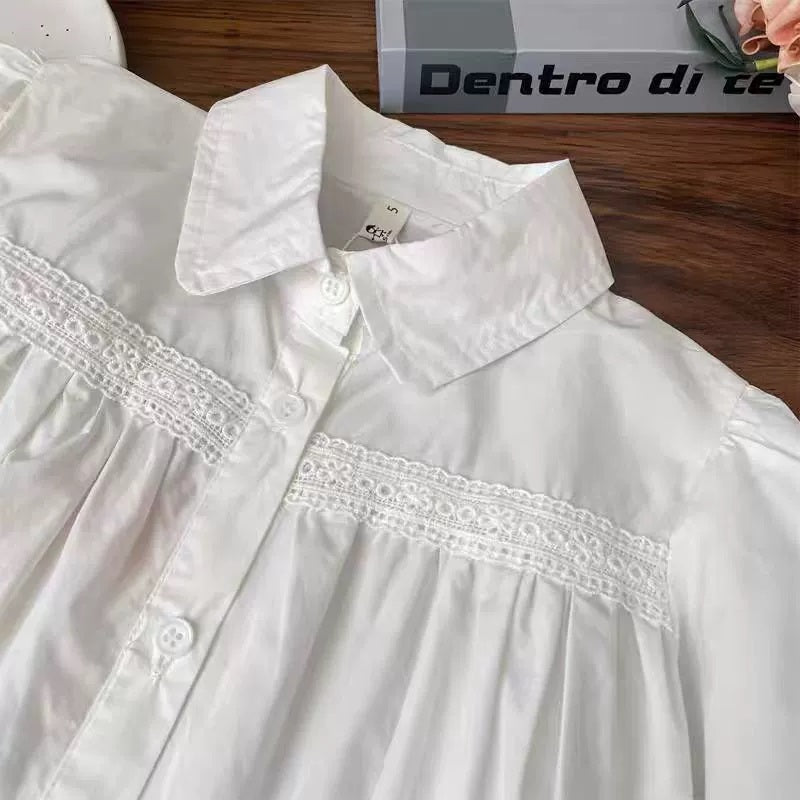 [363871] - Baju Setelan Atasan Blouse Lengan Panjang Brokat Putih Bawahan Celana jeans Panjang Kulot Fashion Anak Perempuan - Motif