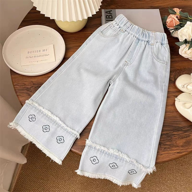 [363871] - Baju Setelan Atasan Blouse Lengan Panjang Brokat Putih Bawahan Celana jeans Panjang Kulot Fashion Anak Perempuan - Motif