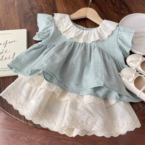 [363872] - One Set Anak Cewek Korea Style Mint Brokat Baju Setelan Atasan Lengan Ruffle Pendek Bawahan Celana Pendek Renda Fashion Anak Perempuan