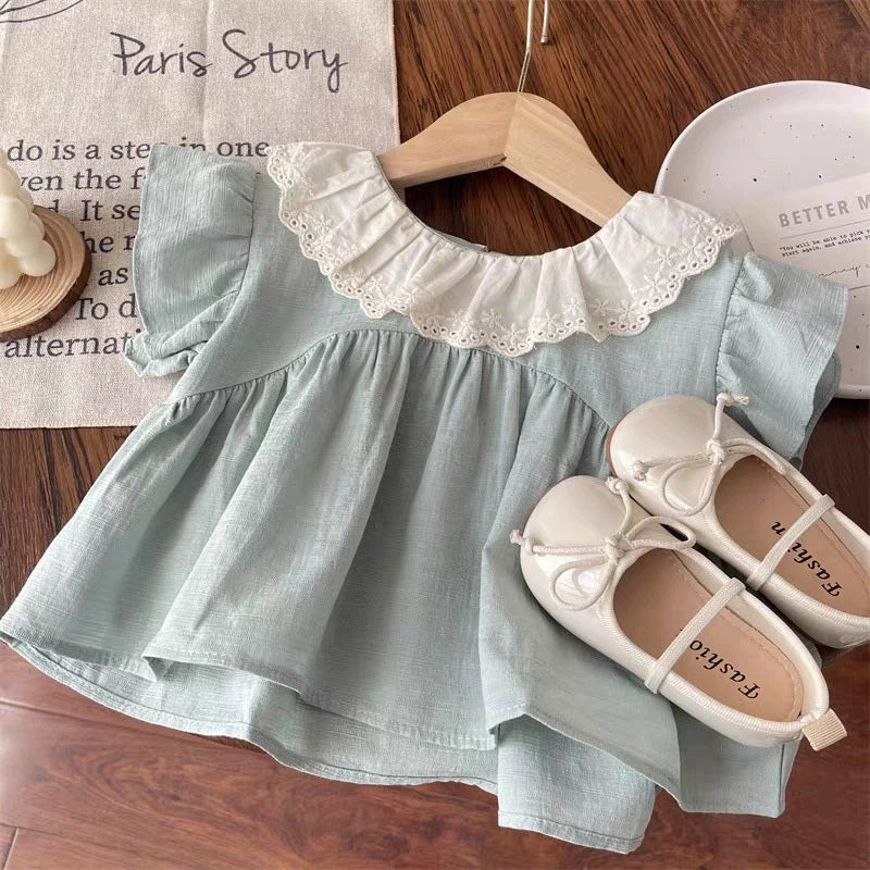 [363872] - One Set Anak Cewek Korea Style Mint Brokat Baju Setelan Atasan Lengan Ruffle Pendek Bawahan Celana Pendek Renda Fashion Anak Perempuan