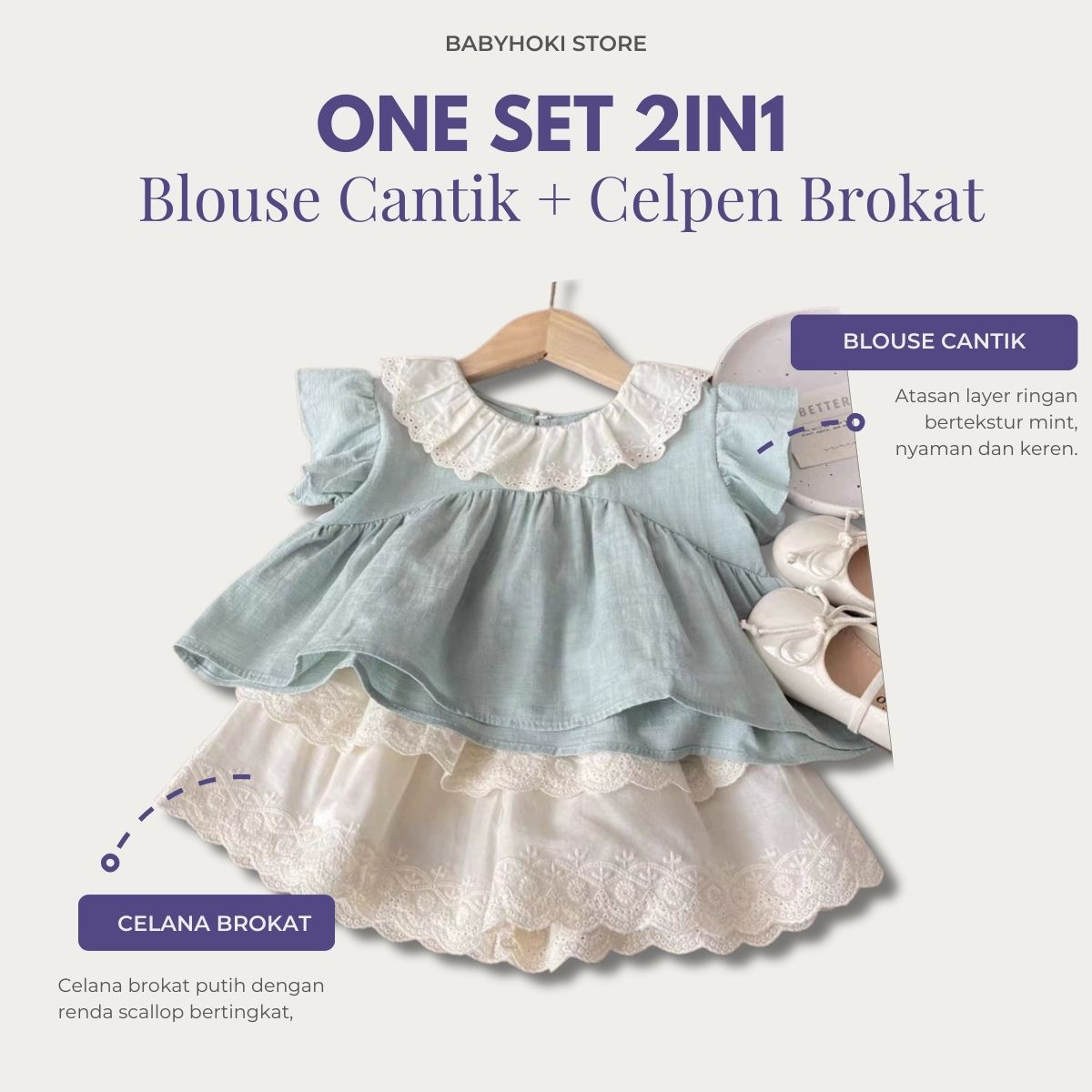 [363872] - One Set Anak Cewek Korea Style Mint Brokat Baju Setelan Atasan Lengan Ruffle Pendek Bawahan Celana Pendek Renda Fashion Anak Perempuan