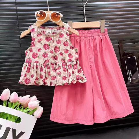 [363873] - One Set Bunga Anak Cewek Baju Setelan Atasan Blouse Plisket Lengan Kutung Bawahan Celana Panjang Kulot Fashion Anak Perempuan