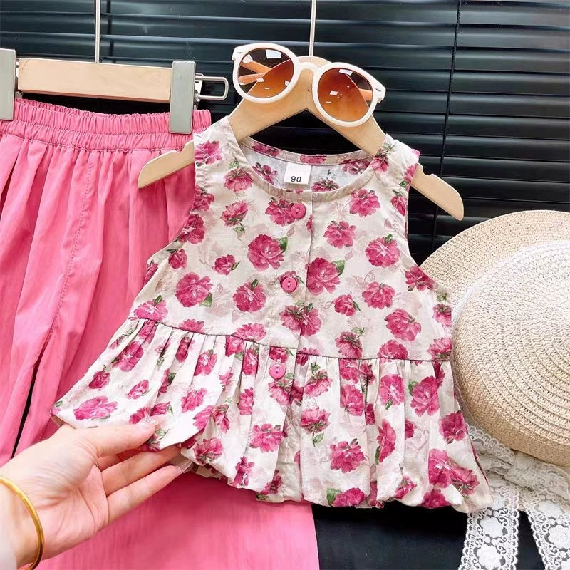 [363873] - One Set Bunga Anak Cewek Baju Setelan Atasan Blouse Plisket Lengan Kutung Bawahan Celana Panjang Kulot Fashion Anak Perempuan