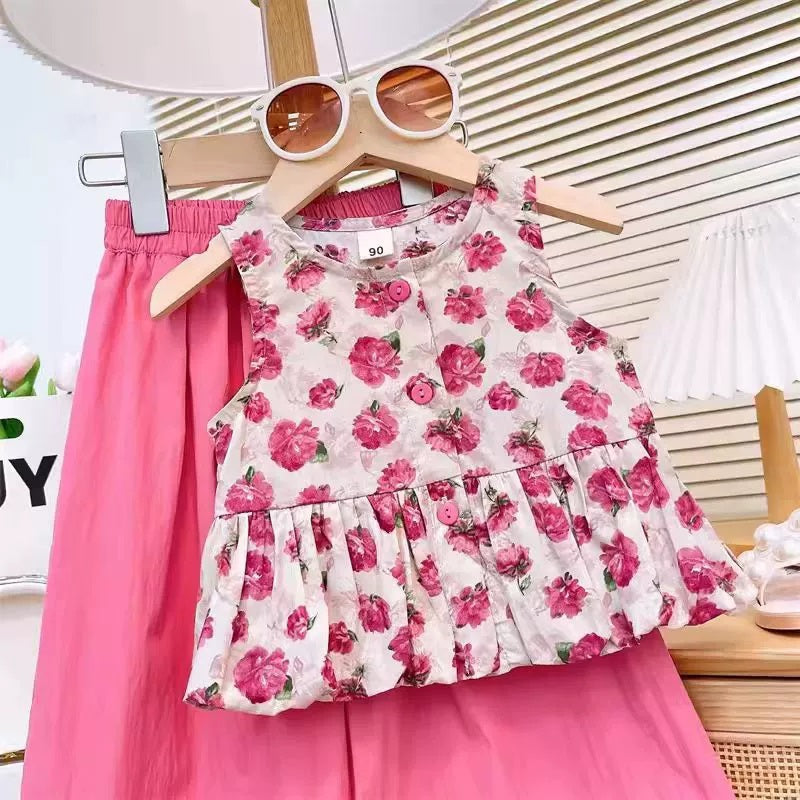 [363873] - One Set Bunga Anak Cewek Baju Setelan Atasan Blouse Plisket Lengan Kutung Bawahan Celana Panjang Kulot Fashion Anak Perempuan