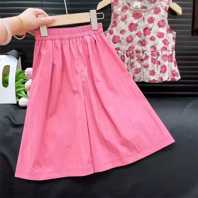 [363873] - One Set Bunga Anak Cewek Baju Setelan Atasan Blouse Plisket Lengan Kutung Bawahan Celana Panjang Kulot Fashion Anak Perempuan