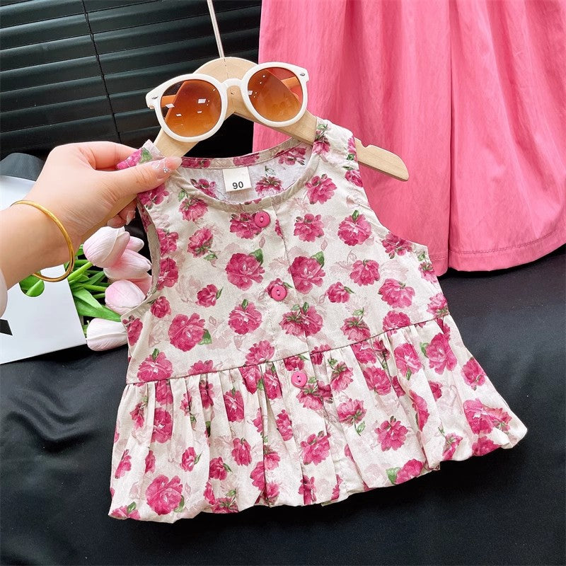 [363873] - One Set Bunga Anak Cewek Baju Setelan Atasan Blouse Plisket Lengan Kutung Bawahan Celana Panjang Kulot Fashion Anak Perempuan