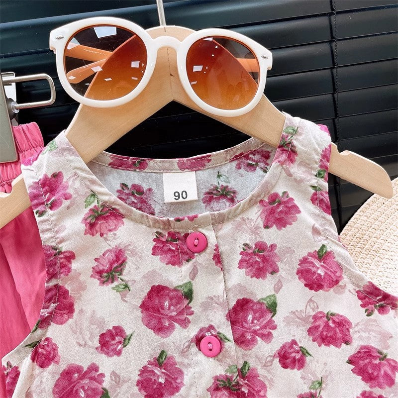 [363873] - One Set Bunga Anak Cewek Baju Setelan Atasan Blouse Plisket Lengan Kutung Bawahan Celana Panjang Kulot Fashion Anak Perempuan