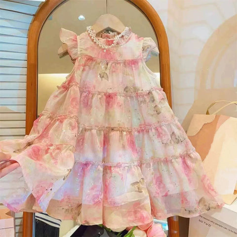 [363874] - Gaun Bunga Pink Baju Dress Ruffle Lengan Kutung Fashion Anak Perempuan Cewek - Motif Pink Floral Ruffle