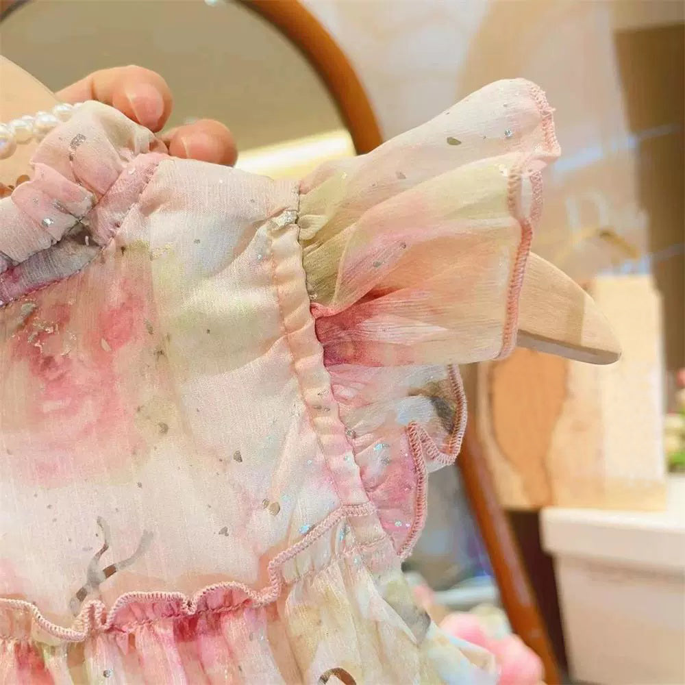 [363874] - Gaun Bunga Pink Baju Dress Ruffle Lengan Kutung Fashion Anak Perempuan Cewek - Motif Pink Floral Ruffle