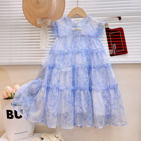 [363875] - Baju Dress Ruffle Gaun Pesta Anak Cewek Lengan Kutung Fashion Anak Perempuan - Ruffle Tile Premium Motif Biru Marmer