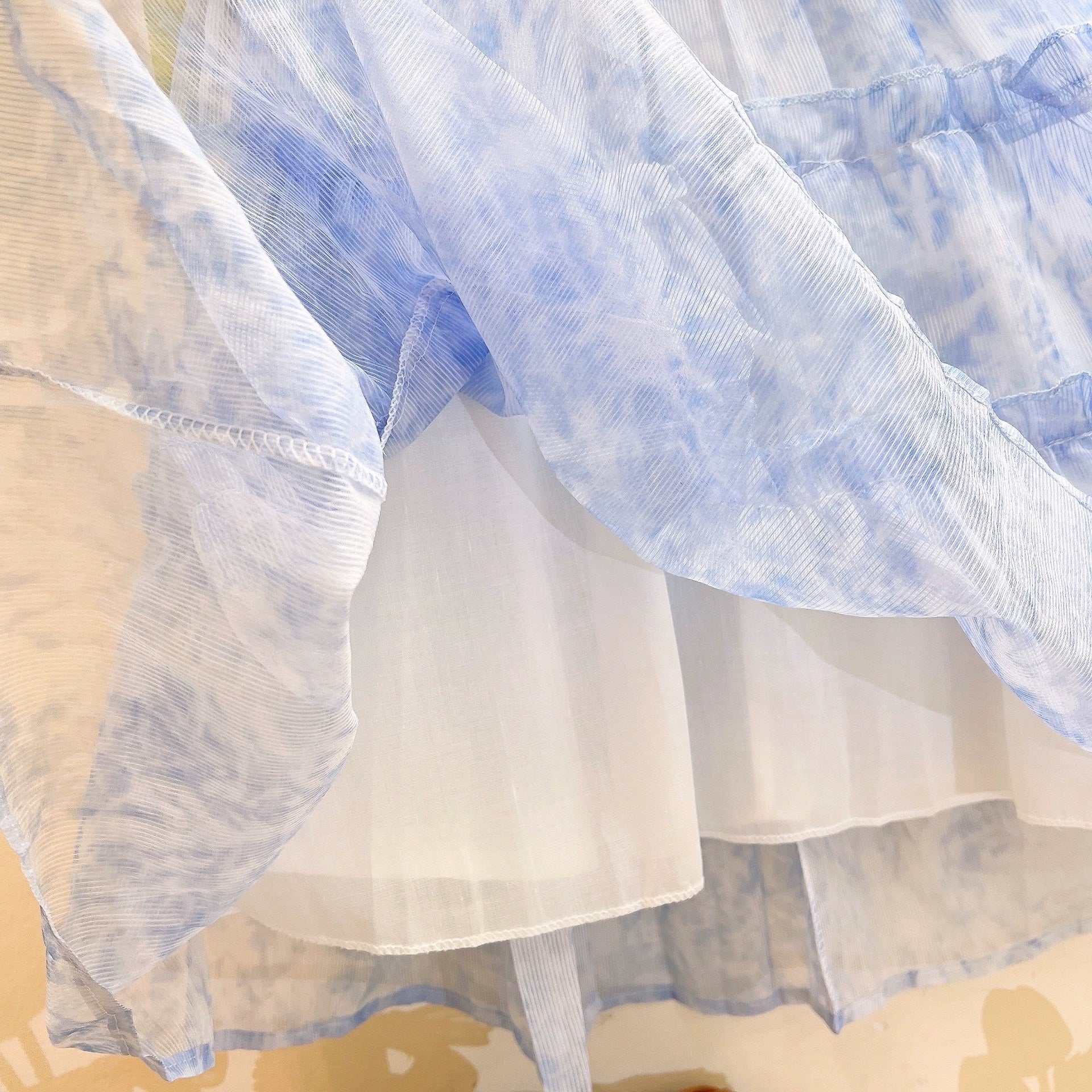 [363875] - Baju Dress Ruffle Gaun Pesta Anak Cewek Lengan Kutung Fashion Anak Perempuan - Ruffle Tile Premium Motif Biru Marmer
