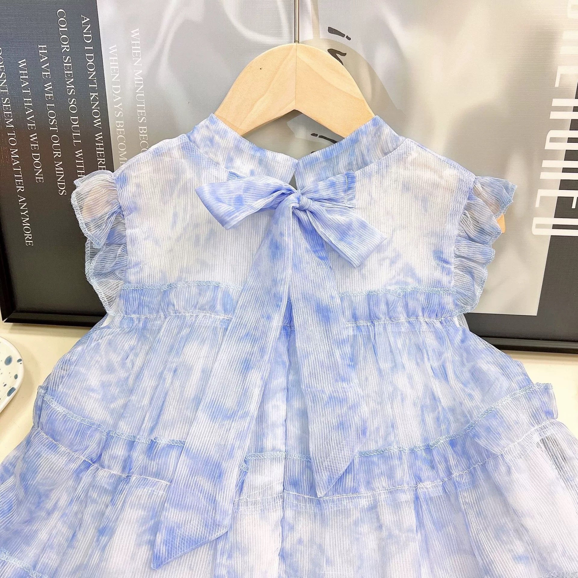 [363875] - Baju Dress Ruffle Gaun Pesta Anak Cewek Lengan Kutung Fashion Anak Perempuan - Ruffle Tile Premium Motif Biru Marmer