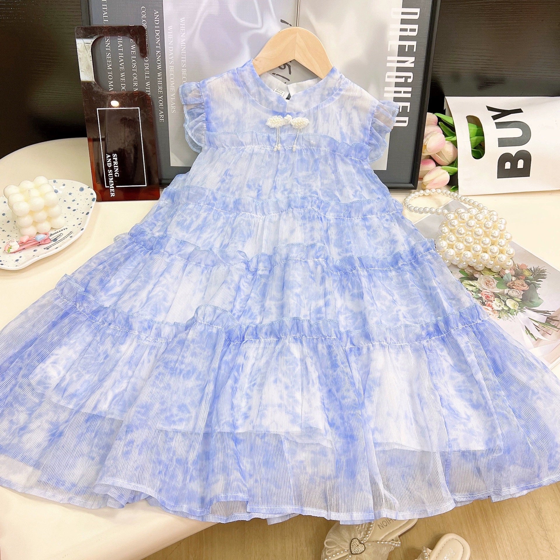 [363875] - Baju Dress Ruffle Gaun Pesta Anak Cewek Lengan Kutung Fashion Anak Perempuan - Ruffle Tile Premium Motif Biru Marmer
