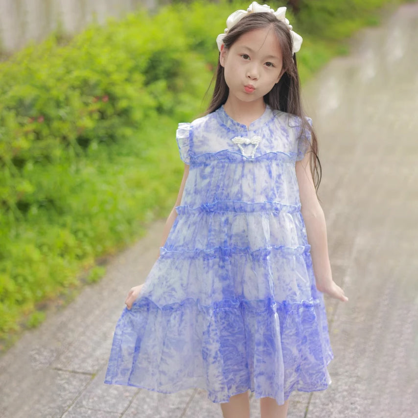 [363875] - Baju Dress Ruffle Gaun Pesta Anak Cewek Lengan Kutung Fashion Anak Perempuan - Ruffle Tile Premium Motif Biru Marmer