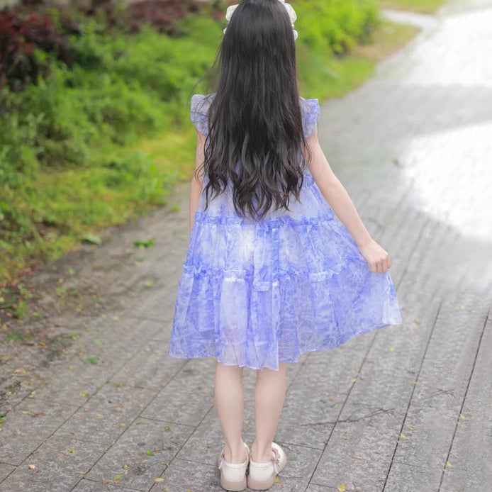 [363875] - Baju Dress Ruffle Gaun Pesta Anak Cewek Lengan Kutung Fashion Anak Perempuan - Ruffle Tile Premium Motif Biru Marmer