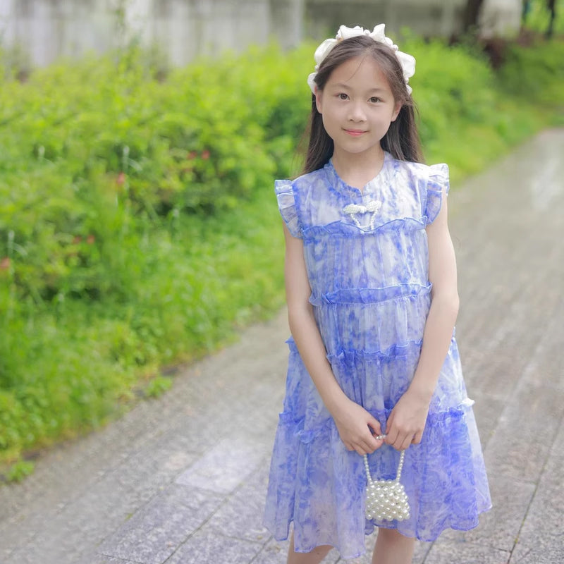 [363875] - Baju Dress Ruffle Gaun Pesta Anak Cewek Lengan Kutung Fashion Anak Perempuan - Ruffle Tile Premium Motif Biru Marmer