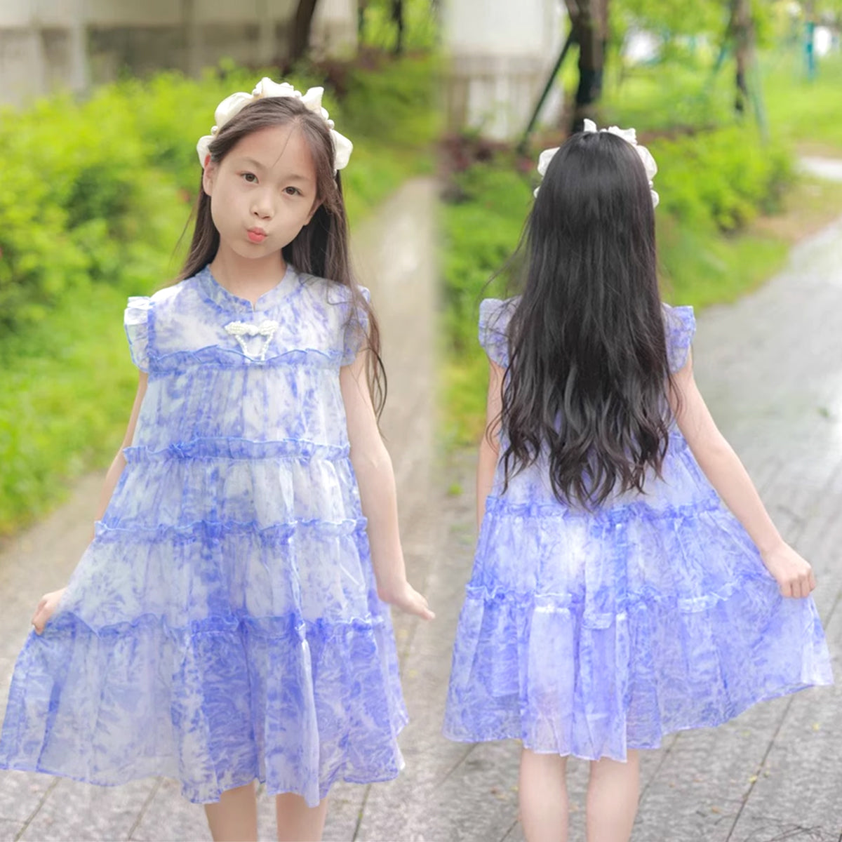 [363875] - Baju Dress Ruffle Gaun Pesta Anak Cewek Lengan Kutung Fashion Anak Perempuan - Ruffle Tile Premium Motif Biru Marmer