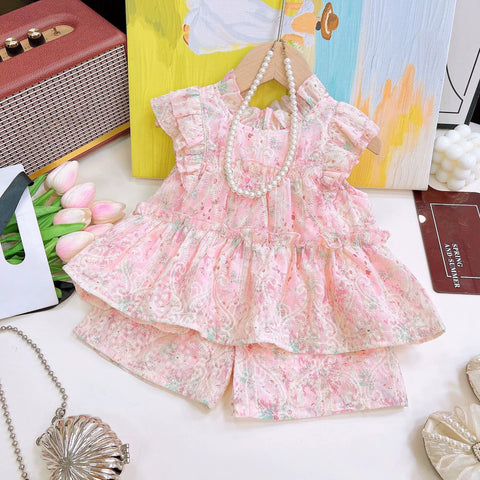 [363876] - One Set Renda Floral Cewek Setelan Baju Atasan Renda Lengan Kutung Bawahan Celana Pendek Fashion Anak Perempuan