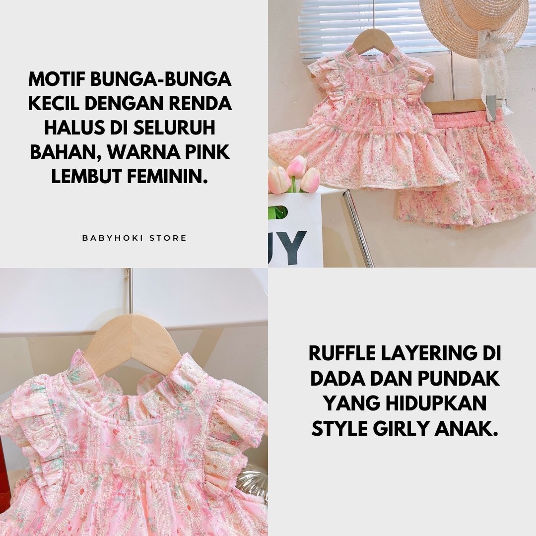 [363876] - One Set Renda Floral Cewek Setelan Baju Atasan Renda Lengan Kutung Bawahan Celana Pendek Fashion Anak Perempuan - BABYHOKI STORE