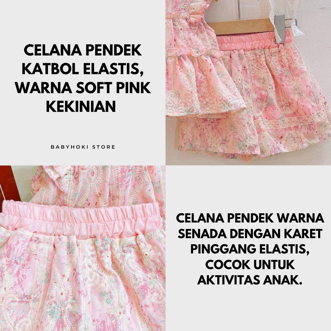 [363876] - One Set Renda Floral Cewek Setelan Baju Atasan Renda Lengan Kutung Bawahan Celana Pendek Fashion Anak Perempuan - BABYHOKI STORE