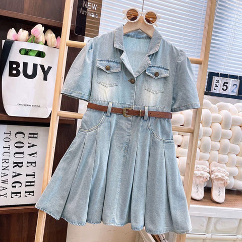 [363877] - Gaun Timeless Baju Dress Lengan Pendek Denim Plisket Fashion Anak Perempuan Cewek - Motif Denim Gradation
