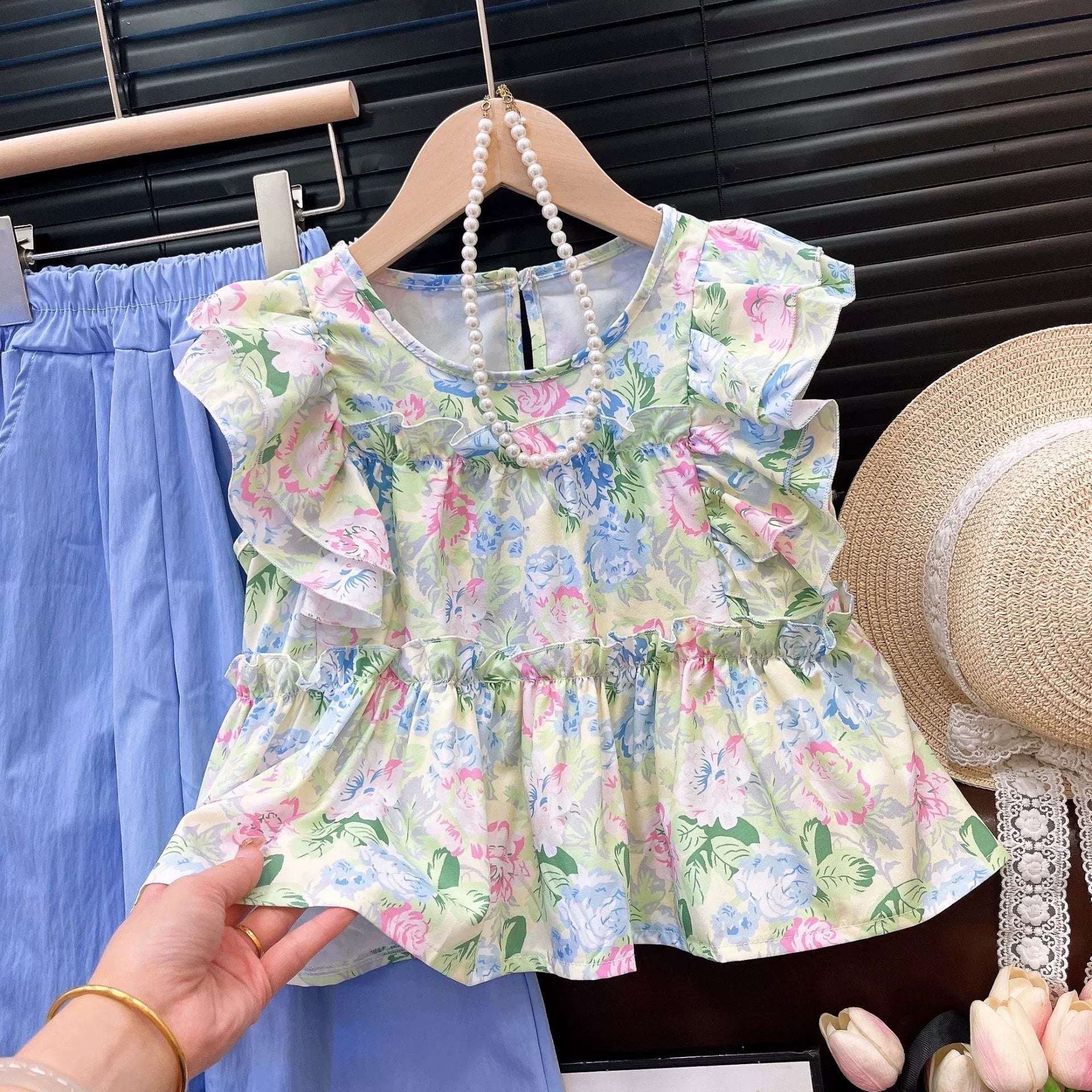 [363879] - One Set Floral Pastel Anak Cewek Baju Setelan Atasan Blouse Lengan Kutung Bawahan Celana Panjang Outfit Fashion Anak Perempuan