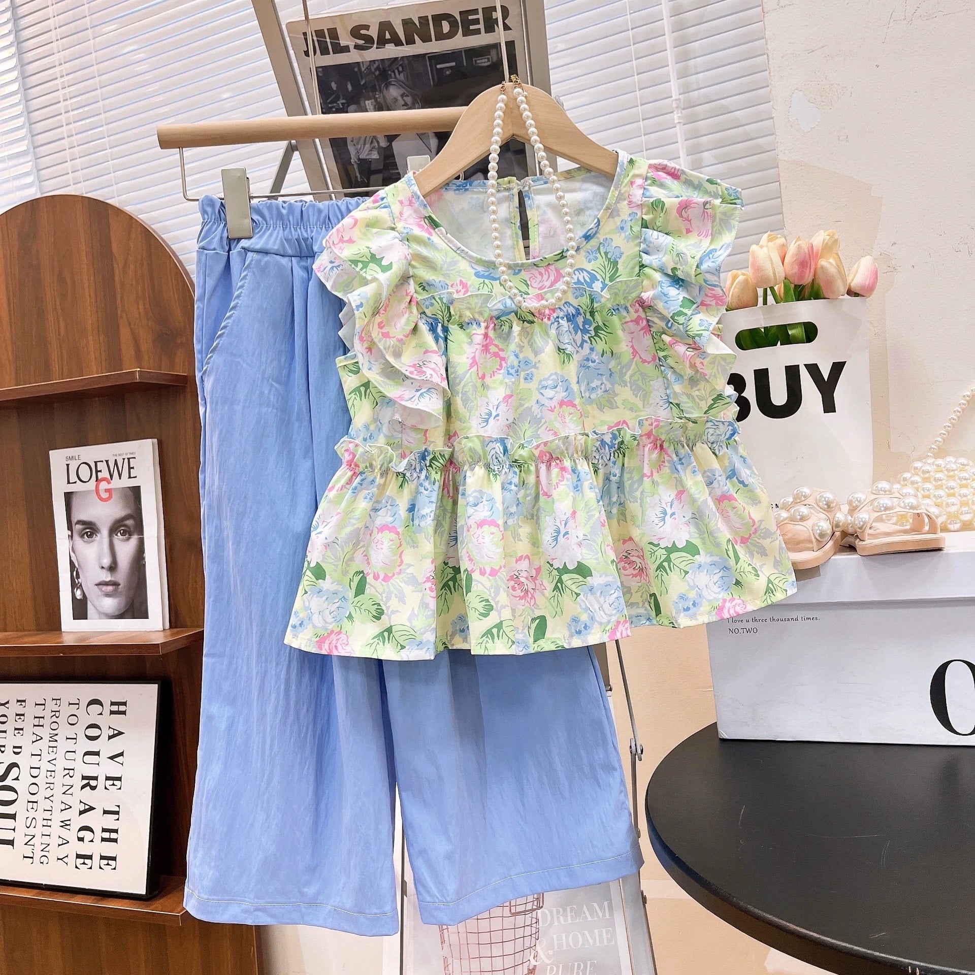 [363879] - One Set Floral Pastel Anak Cewek Baju Setelan Atasan Blouse Lengan Kutung Bawahan Celana Panjang Outfit Fashion Anak Perempuan