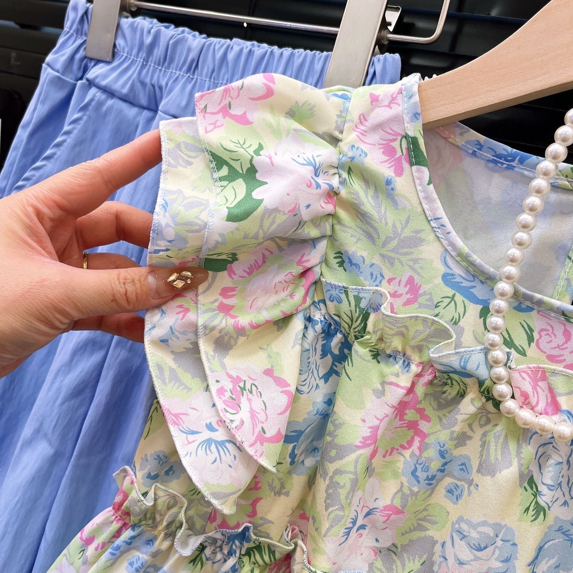 [363879] - One Set Floral Pastel Anak Cewek Baju Setelan Atasan Blouse Lengan Kutung Bawahan Celana Panjang Outfit Fashion Anak Perempuan