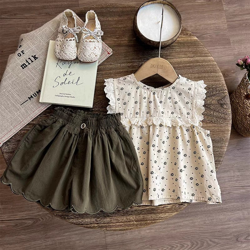 [363880] - One Set Anak Cewek Baju Setelan Floral Atasan Renda Lengan Kutung Bawahan Celana Pendek Fashion Fashion Anak Perempuan