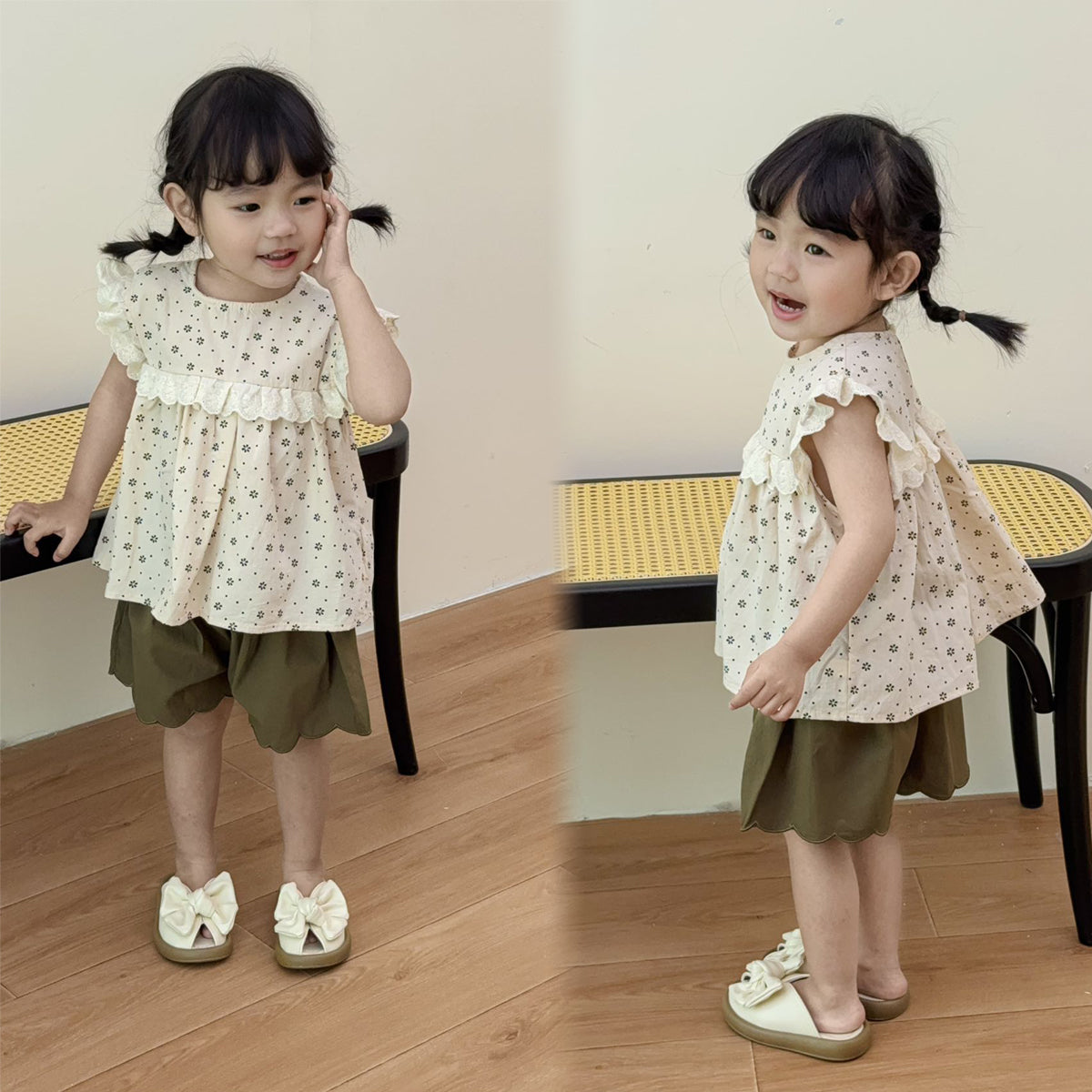 [363880] - One Set Anak Cewek Baju Setelan Floral Atasan Renda Lengan Kutung Bawahan Celana Pendek Fashion Fashion Anak Perempuan