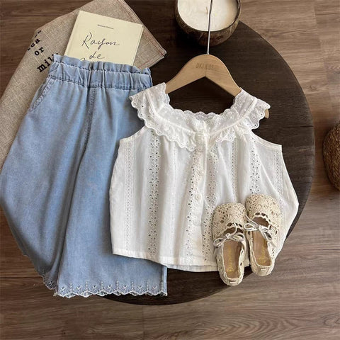 [363881] - One Set Cewek Broderie Baju Setelan Atasan Katbol Tanpa Lengan Bawahan Celana Panjang Kulot Fashion Anak Perempuan - Korea Look