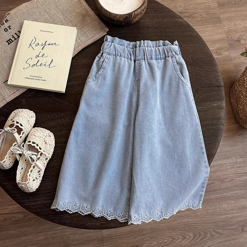 [363881] - One Set Cewek Broderie Baju Setelan Atasan Katbol Tanpa Lengan Bawahan Celana Panjang Kulot Fashion Anak Perempuan - Korea Look
