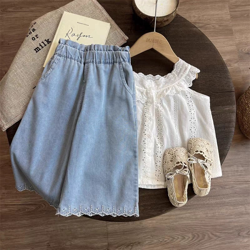 [363881] - One Set Cewek Broderie Baju Setelan Atasan Katbol Tanpa Lengan Bawahan Celana Panjang Kulot Fashion Anak Perempuan - Korea Look