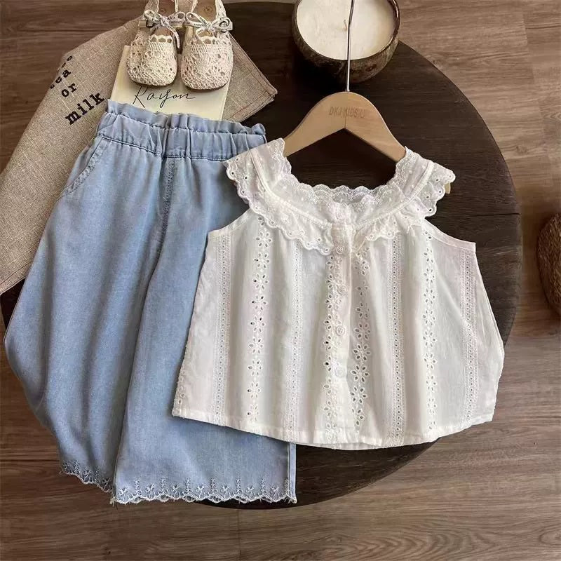 [363881] - One Set Cewek Broderie Baju Setelan Atasan Katbol Tanpa Lengan Bawahan Celana Panjang Kulot Fashion Anak Perempuan - Korea Look