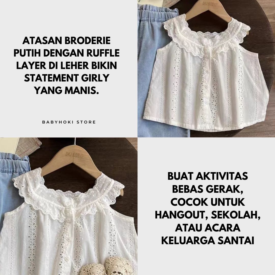 [363881] - One Set Cewek Broderie Baju Setelan Atasan Katbol Tanpa Lengan Bawahan Celana Panjang Kulot Fashion Anak Perempuan - Korea Look - BABYHOKI STORE