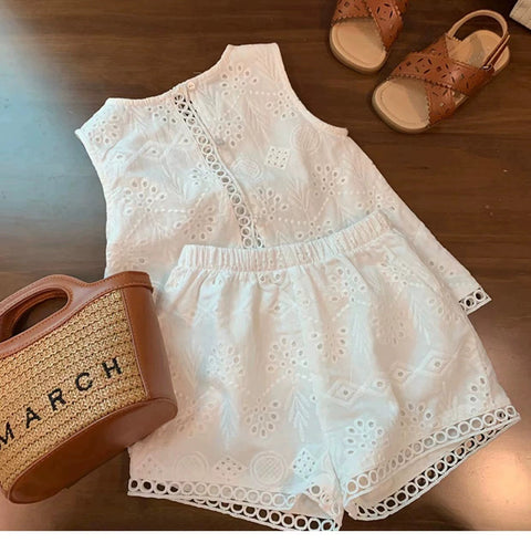 [363882] - One Set Anak Cewek Baju Fashion Setelan Atasan Katbol Lengan Kutung Bawahan Celana Pendek Broderie Fashion Anak Perempuan