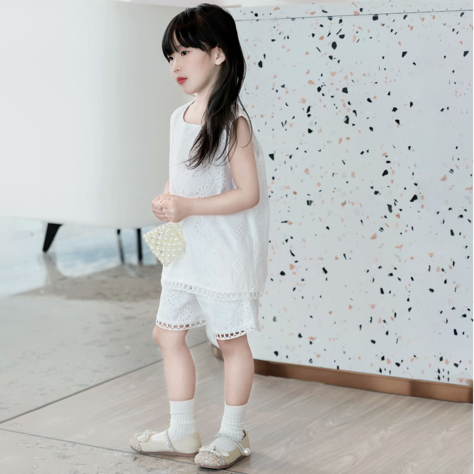 [363882] - One Set Anak Cewek Baju Fashion Setelan Atasan Katbol Lengan Kutung Bawahan Celana Pendek Broderie Fashion Anak Perempuan