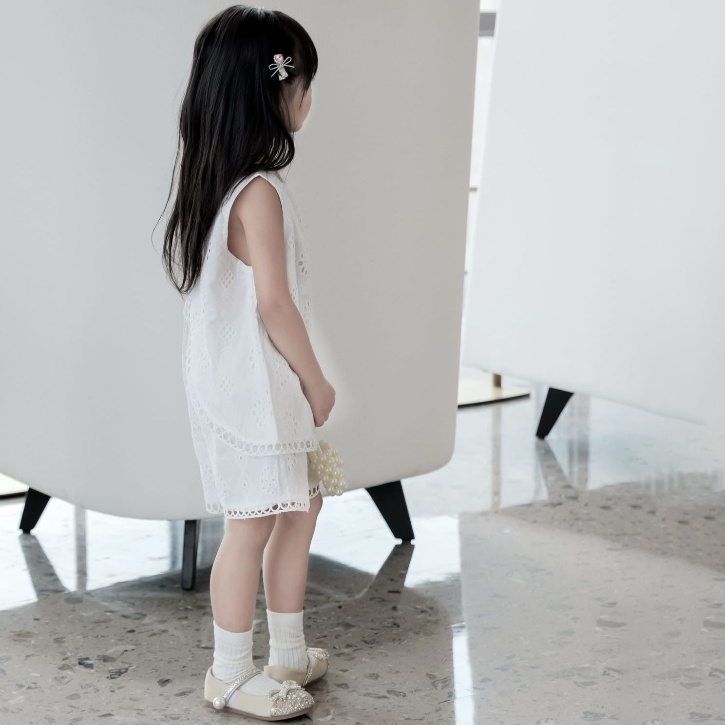 [363882] - One Set Anak Cewek Baju Fashion Setelan Atasan Katbol Lengan Kutung Bawahan Celana Pendek Broderie Fashion Anak Perempuan