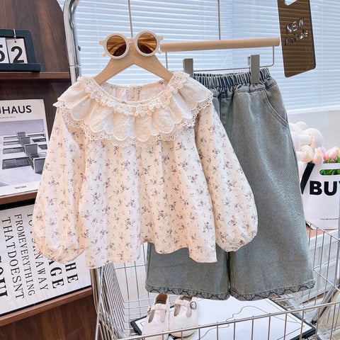 [363883] - Oneset 2in1 Baju Setelan Atasan Blouse Renda Lengan Panjang Jeans Bawahan Celana Panjang Kulot Fashion Anak Perempuan Cewek - Motif Small Flower