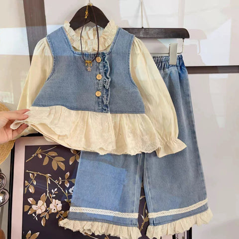 [363884] - One Set Baju Setelan 3 In 1 Cewek Atasan Rompi Denim Brokat Blouse Renda Lengan Panjang Bawahan Celana Panjang Kulot Fashion Anak Perempuan Korean Look
