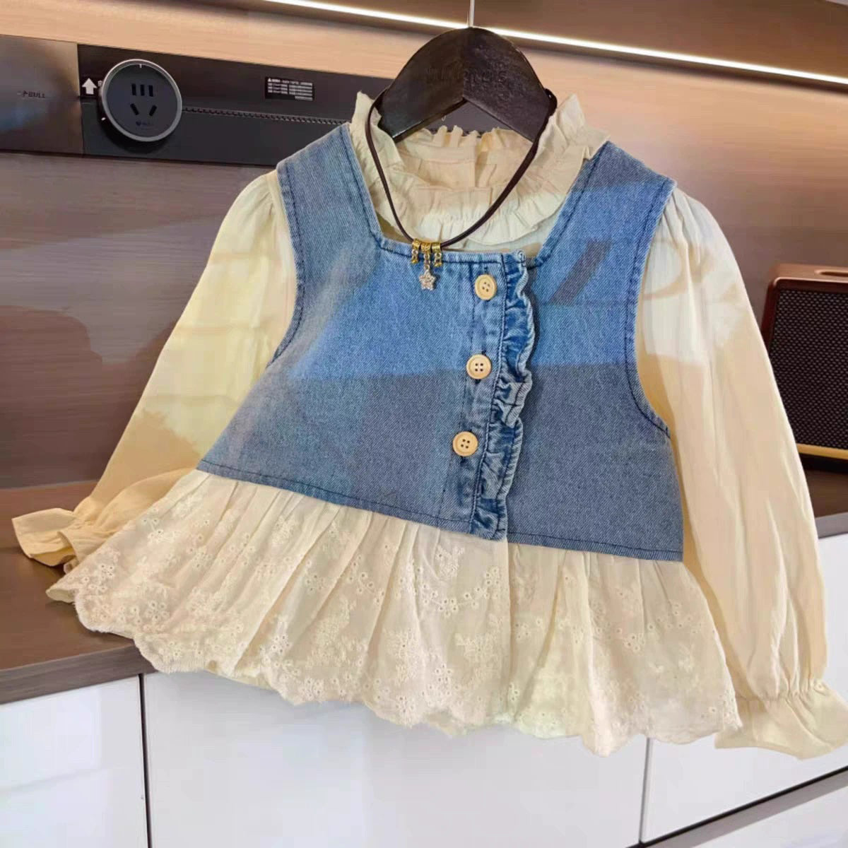 [363884] - One Set Baju Setelan 3 In 1 Cewek Atasan Rompi Denim Brokat Blouse Renda Lengan Panjang Bawahan Celana Panjang Kulot Fashion Anak Perempuan Korean Look