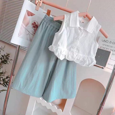 [363885] - Baju Setelan Atasan Blouse Renda Lengan Kutung Bawahan Celana Panjang Kulot Fashion Anak Perempuan - Motif Basic Color White - BABYHOKI STORE