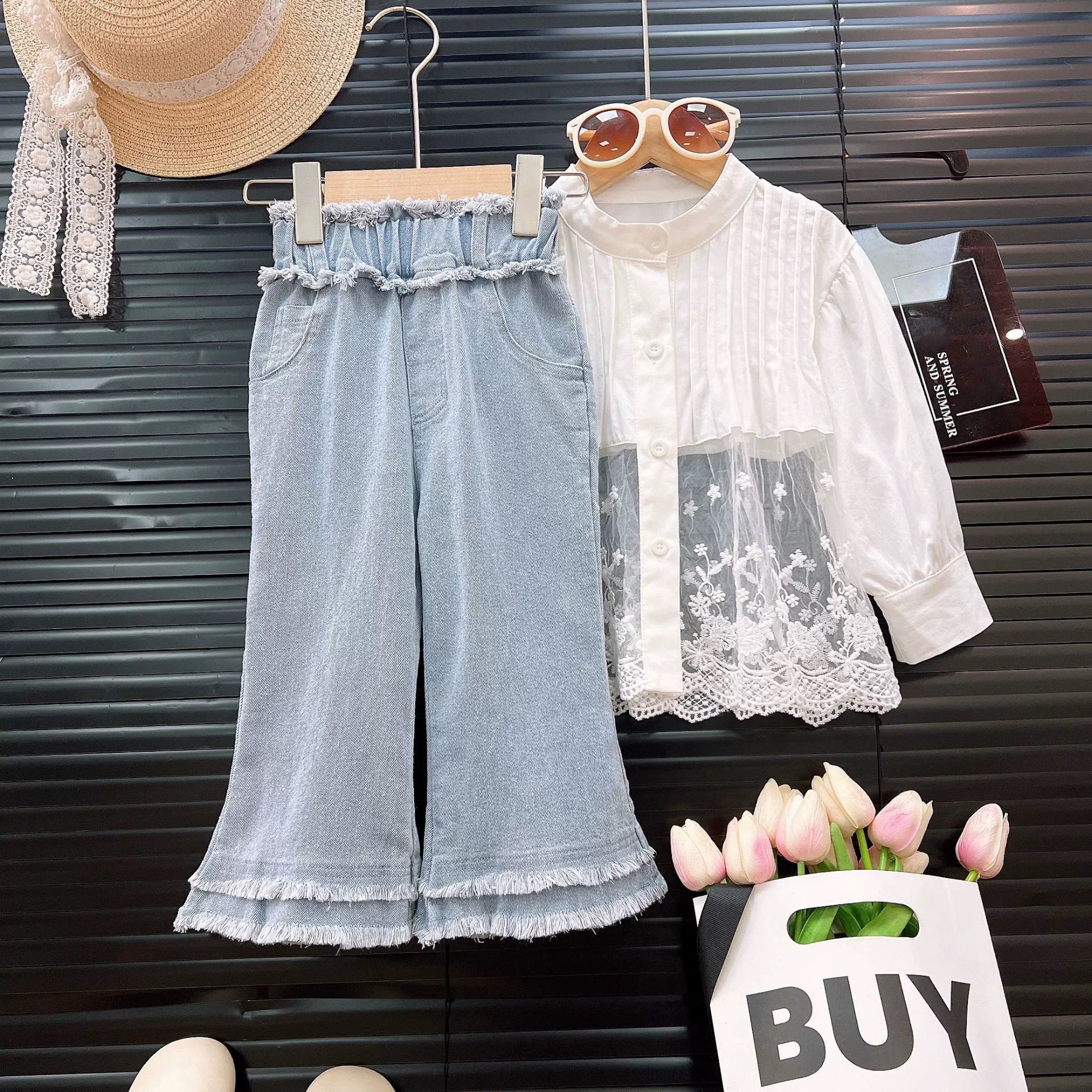 [363886] - Baju Setelan Atasan Blouse Lengan Panjang Bawahan Celana Panjang Cutbray Fashion Anak Perempuan - Motif White Flower Line - BABYHOKI STORE